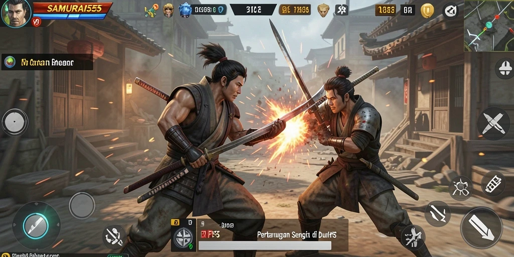 Gameplay seru di SAMURAI555 dengan pertarungan samurai.