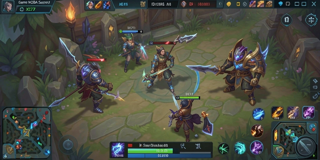 Tampilan gameplay menegangkan dari XE77 dengan aksi MOBA intens.